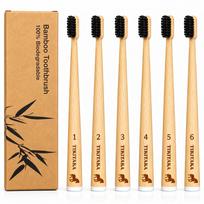 TIKITAKA FTG Horsehair Bamboo Toothbrush, Set of 6, Firm Natural Bristles (Not Soft Nylon Bristles), Bamboo Handle, Self-Standing, Family Pack beige