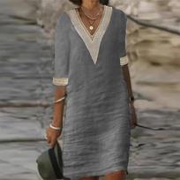Moteriška medvilninė lininė suknelė Vasarinė madinga vienspalvė mini suknelės moteriškos, didelės, laisvalaikio suknelės vidutinėmis rankovėmis Vestidos S pilka