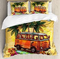 Surf Bedding Set Hippie Classic Old Bus with Surfboard Duvet Cover Quilt Pillowcase for Bedroom Home Freedom Holiday Decor EU single(135x200cm) black