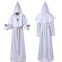 Viduramžių vienuolio chalato kostiumas su gobtuvu ir diržu suaugusiems. Puikiai tinka Helovinui, Cosplay ir teminiams vakarėliams XL balta