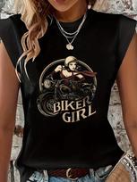 Biker Girl Motorcycle Graphic Print Sleeveless T-shirt XL