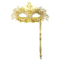 Išgalvotas vakarėlio metalinis maskaradas su rankena, pusės veido venecijietiškas maskaradas su cirkoniais moterims, vyrams, išleistuvėms, baliui, Mardi Gras maskarado vakarėliui auksinė