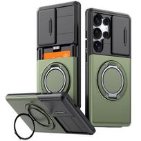 Case For Samsung Galaxy S26 S25 S24 Ultra Plus FE +Car Magnetic Holder Metal Ring Hidden Card Slot Slide Camera Protection Cover Galaxy S24 Ultra gray
