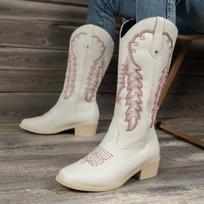 Vakarų kaubojiški batai moterims siuvinėtais keliais Cowgirl batai kvadratiniu pirštu storu kulnu Retro klasikiniai aukštaauliai moteriški platūs aulinukai 36 balta