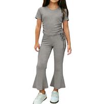 Girls Two Piece Outfit Short Sleeve Drawstring Top with Side Ruching and Flared Capri Pants Set Casual Wear for Kids 130 kava