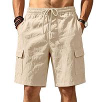 Men's Light Blue Cotton Linen Cargo Shorts Summer Casual Elastic Drawstring Beach Pants S smėlis