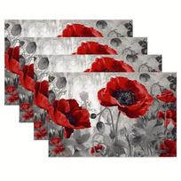 4pcs Red Poppy Floral Linen Placemats 12x18 Inch - Elegant Table Decor for Dining, Kitchen, and Parties, Machine Washable, Durable Design with 4PCS gray