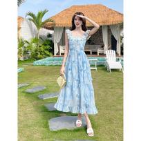 French Sweet Blue Flower Small Sleeve Suspender Dress Women's Casual Summer Slim Seaside Vacation Long Dress S- (can be worn within 45kg) gray