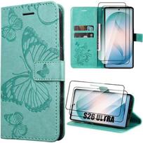 Case for Samsung Galaxy S26 Ultra, Anti-Scratch Green Leather Effect Butterfly Pattern - 2 Tempered Glasses žalia