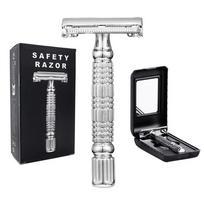 Butterfly Open TTO Double Edge Safety Razor Wet Shaving Kit For Men Women With 5 Blades Mirrored Travel Case gray