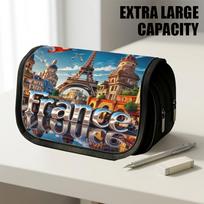 1pc Double Layer Flip Pencil Case, France, Large Capacity, Portable Polyester Pen Storage Bag with Zipper Closure, Ideal for School & Office Supplies 20x9x11cm
