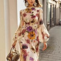 Floral Print Long Sleeve Dress with Flare Sleeve S