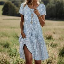 Boho suknelė trumpomis rankovėmis moterims, laisvalaikio laisvalaikio vasarinė suknelė su gėlėmis raštu su kišenėmis L