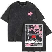 Mount Fuji Cherry Blossoms Prints Washed T-Shirts Womens Cotton Short Sleeve Tops Summer O-Neck Oversized T Shirt Clothes S black
