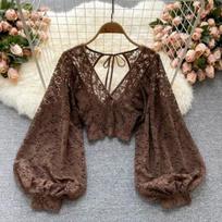 Frenchic Sexy Blusas Mujer Crochet Lace Sheer Women Tops V-neck Lantern Sleeve Backless Lace-up Ladies Elegant Blouse One Size black
