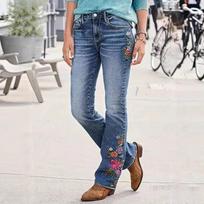 BeatStreet Jeans Women Boot Cut Flare Pants Stretch Mid Waist Embroidery Full Length Trousers Washed Distressed Denims Streetwear S