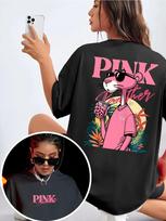 Per dydelis juodas rožinės panteros paveikslėlio marškinėliai M pink