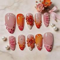 24PCS Ocean Blue French Press on Nails 3D Flower Ripples Almond with Pearl Fake Nails for Women Wearable Acrylic Ins Nail Tips