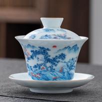 150ml Mutton Fat Jade Famille Rose Landscape Gaiwan Elegant Tea Tureen Tea Bowl With Lid Kit Tea Brewing Cover Bowl Cha Craft gray