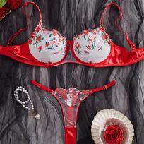 Lace floral embroidery ultra-thin perspective mesh yarn plastic waist jumpsuit fun clothes set S red
