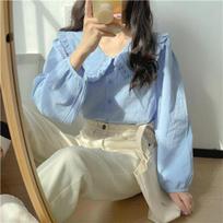 Korean Chic Dopamine-Colored Puff Sleeve Doll Collar Shirt for Women - Spring/Autumn 2026 One Size mėlyna