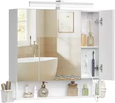 Songmics Veidrodinė spintelė su 3 veidrodinėmis durimis ir apšvietimu, debesų baltos spalvos, 16,5 × 80 × 75 cm