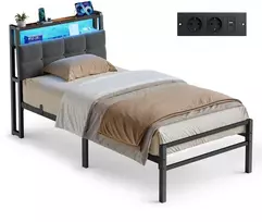 Songmics Lova su daiktų laikymo vieta ir LED apšvietimu, matinė juoda, 218,3 × 90,5 × 104,5 cm