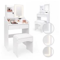 Kosmetinis staliukas su veidrodžiu ir LED apšvietimu, 3 šviesos spalvos, lentynos, stalčiai, kėdutė ModernHome