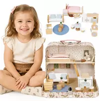 Lėlių namelis lagaminėlyje, dviaukštis, su mediniais baldais, 20 priedų rinkinys ECOTOYS