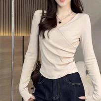 Spring Autumn V-neck Solid Color Folds T-shirt Women Long Sleeve Waist Tee All-match Pullovers Bottomed Top S abrikosas