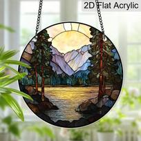 Acrylic Mountain Lake Landscape Suncatcher Stained Glass Effect Window Hanging Ornament Nature Gift for Home 20cm/7.87Inches black