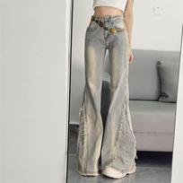 Spicy Girl Retro Micro-Flare Jeans for Women - 2025 Spring/Autumn Design with Frayed Hem & Patchwork Detailing M