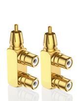 EMK RCA Splitter 1 Output to 2 RCA 1 Male to 2 Gold Male to 2 L-shaped Adapter, Splits, Cable, Female, Right-Angle Adapter, Plated, 2-Pack (1 Female, beige