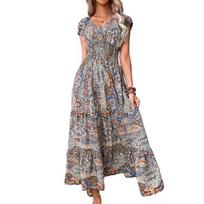 Summer Deep V-neck Short Sleeve Maxi Dress Bohemia Colorful Printing Elastic High Waist 3XL oranžinė
