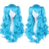 su 2 kasytėmis ilga garbanota cosplay perukas 80cm moteriški sluoksniuoti perukai naktinis klubas baras Style 13 blue
