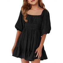 Children's Casual -Sleeve Backless Waist-Tied -Pleated Dress 170 juoda
