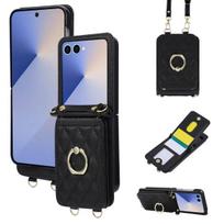 Crossbody žiedo laikiklis telefono dėklas, skirtas Samsung Galaxy Z Flip 8 7 6 5 4 3 5G Flip7 FE Flip8, su dirželiu, piniginės kortelių laikikliais, odinis dangtelis Galaxy Z Flip3 5G juoda