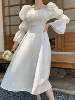 Women's Square Neck Long Sleeve Flare Sleeve Midi Dress High Waist Elegant Fairy A-Line Dress S abrikosas