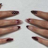 Press on Nail Short Almond Fake Nail French Full Cover Acrylic False Nail Bows Design Fake Nail for Women and Girls 1