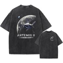 Oversized Vintage Washed T-Shirt, Artemis II Moon Mission Space Print Unisex Tee S įvairiaspalvis
