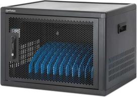 Manhattan Laptop Charging Cabinet Desktop (or trolley) via USB-C 65W 16" 12-bay, Suitable for USB-C laptops (to 16"), iPads, MacBooks, Chromebooks, other USB-C devices, Bays 395x32.5x290mm, USB-C charging cables included,Cart, UK & EU