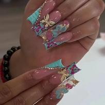 24Pcs Long Coffin Press On Nails, Blue French 3D Flower & Butterfly Rhinestone False Nails United States