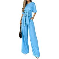 Loose Fit Wide Leg Pants Set with Round Neck Short Sleeve Top and Waist Tie Detail Casual Two Piece Outfit for Women XXL blue