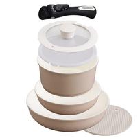 Iris Ohyama Detachable Handle Frying Pan Pot IH Gas Stove 26cm Compact Ceramic Color Beige [Time-saving & Energy-saving] & 6-Piece Set, & Compatible, white