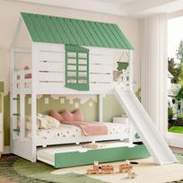 90X200 House-Shaped Bunk Bed with Slide and Pull-out Bed, White+Green 205.4 x 236.5 x 228.6 cm
