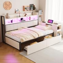 Geležinė sofa-lova 90 x 200 cm, Su daiktadėžėmis ir spintelėmis, Lizdais ir LED apšvietimu, Su dideliais stalčiais ir ištraukiamu rašomuoju stalu, Balta 241 x 114.2 x 113 cm balta