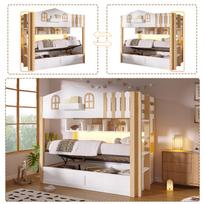 Bunk Bed, 90x200cm, House Design, Hydraulic Storage, LED Lights, Open Storage Compartment, Optional Ladder Position, Without Mattress, White+Natural 213.5 x 103.5 x 162 cm