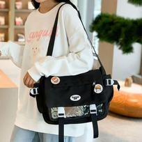 Cute College Style Girl Crossbody Bag Japanese y2k Student Large Capacity Versatile Postman Bag Transparent Badge Cute Ita Bag 36X27X11cm white