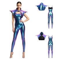 Metallic Shiny Stand Collar Fly Sleeve Bodycon Sling Jumpsuit with Gothic Pauldron Armor for Women Halloween Club Party S sidabras