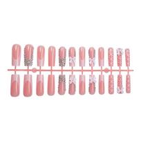 Bestselling long press on nails popular in Europe & America with shiny diamonds and bows. 24pcs finished false nails for cross-border trade. brown